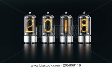 Nixie tube indicator with 2018 new year numbers on dark background - 3d rendering
