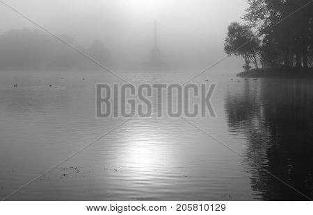 September foggy morning in Catherine Park in Tsarskoe Selo Chesmenskaya column