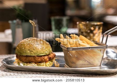 Shrimp Hamberger with fries fast food