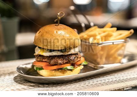 Beef Hamberger with fries fast food