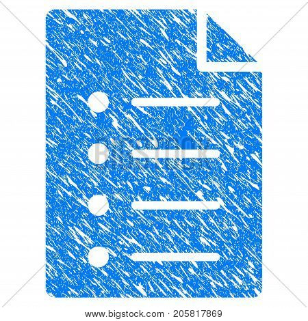 Grunge List Page icon with grunge design and dust texture. Unclean vector blue List Page pictogram for rubber seal stamp imitations and watermarks. Draft sticker symbol.