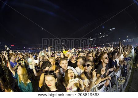 Cluj-Napoca, Romania - August 4, 2017:  Crowd having fun at Ellie Goulding, an English singer and songwriter live concert at Untold Festival, the Best Major Music Festival of Europe