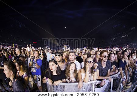 Cluj-Napoca, Romania - August 4, 2017:  Crowd having fun at Ellie Goulding, an English singer and songwriter live concert at Untold Festival, the Best Major Music Festival of Europe