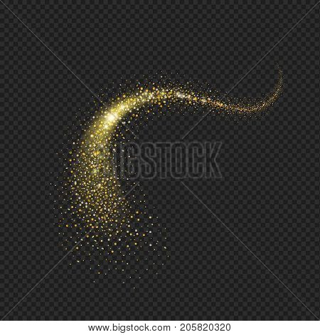 Gold glittering star dust trail. Sparkling magic vector space comet tail illustration.