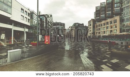 Oslo, Norway - June 07, 2017 : A New Town Within The City Tjuvholmen in rain and overcast weather. Modern part