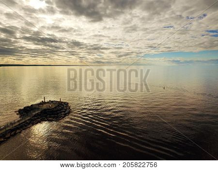 Aerial View Golden Hour At The Lake With Jetty