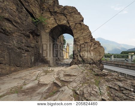 Ancient Roman Road Arch In Donnas