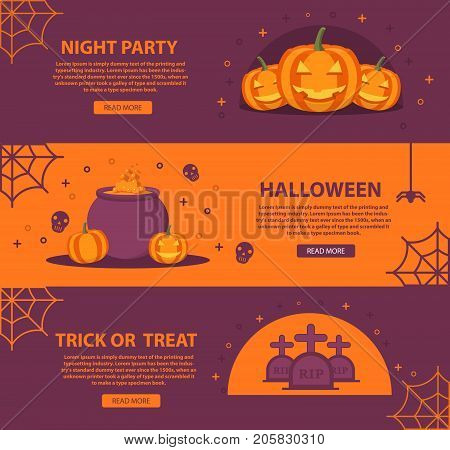 Poster for Halloween with the smiling pumpkin small lamps, a kettle of the witch with the boiling potion and a gravestone with crosses and a web.rick or treat.Holiday poster
