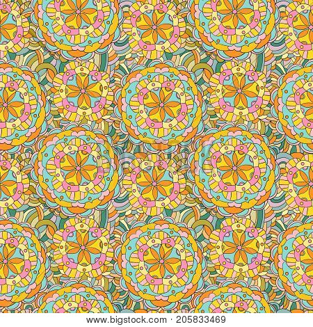 Beautiful hand drawn vector pattern in bright vivid colors with floral mandala motifs for clothing paper and backgrounds