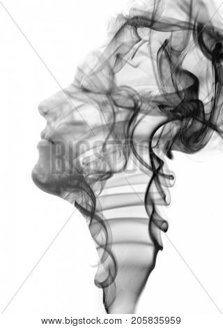 Her throat seamlessly dissolves into the swirls of smoke, creating an illusory shape of emptiness