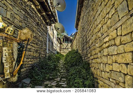 Old Abandoned Ruined Stone Streets In Historic Lahic Village, Azerbaijan Big Caucasus