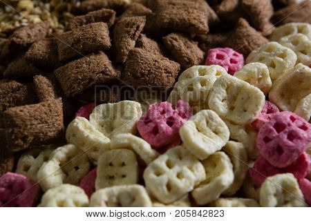 Close-up of various breakfast cereals