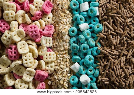Close-up of various breakfast cereals
