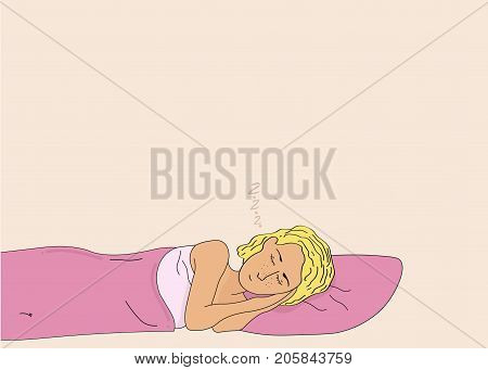 Pretty woman with blond hair sleeping after hard working day. Copyspace for text or ad.