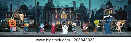 Kids Wearing Monsters Costumes Walking In Town Tricks Or Treat Happy Halloween Banner Holiday Concept Vector Illustration
