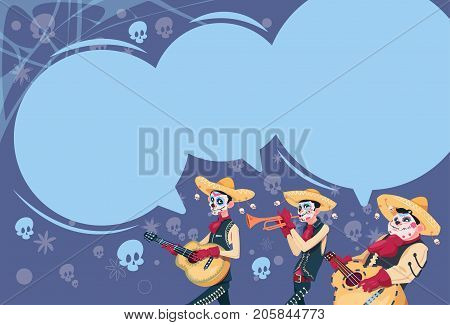 Day Of Dead Traditional Mexican Halloween Holiday Party Decoration Banner Invitation Group Of Skeleton Play Guitar Flat Vector Illustration