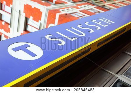 Stockholm, Sweden - July 25, 2017: Angle shot of sign board of Slussen metro station in Stockholm