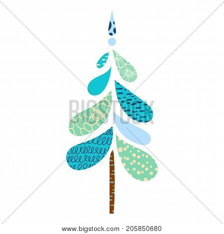Vintage Christmas tree isolated on white background. Evergreen pine cartoon decorated with a texture. To decorate cards, postcards, signatures, the decor of a New Year party, tags and gifts.