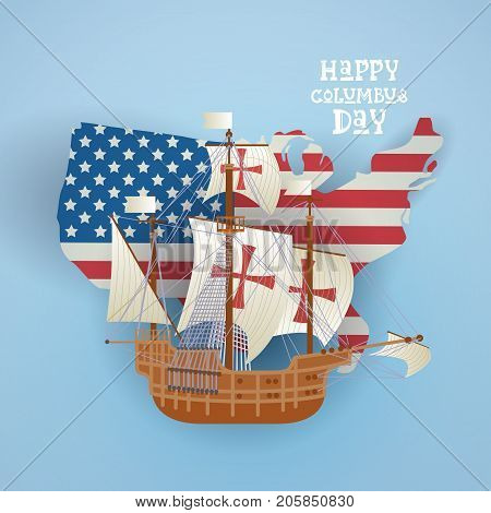 Happy Columbus Day National Usa Holiday Greeting Card With Ship Over American Flag Map Flat Vector Illustration