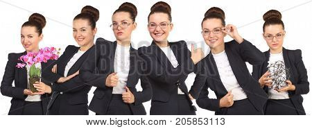 Six happy business women in black suit pose isolated on white, collage with one model