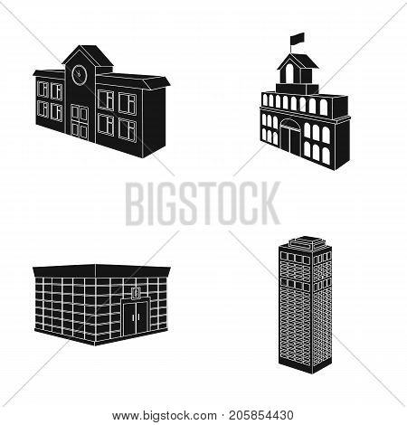 Bank office, skyscraper, city hall building, college building. Architectural structure set collection icons in black style vector symbol stock illustration .