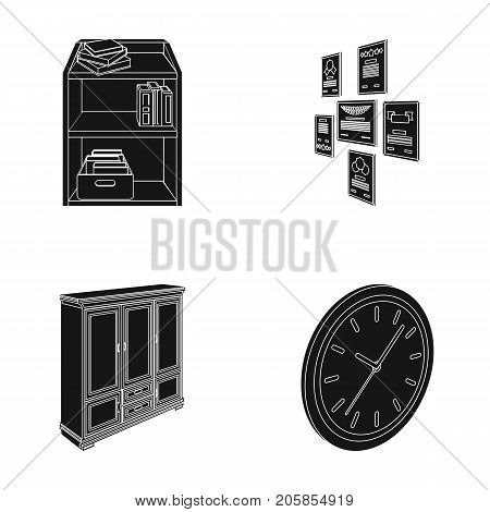 Cabinet, shelving with books and documents, frames on the wall, round clocks. Office interior set collection icons in black style isometric vector symbol stock illustration .