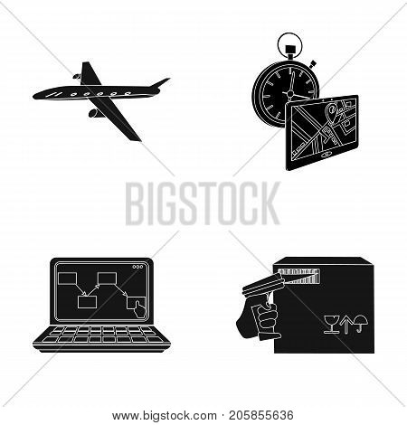 Transport aircraft, delivery on time, computer accounting, control and accounting of goods. Logistics and delivery set collection icons in black style isometric vector symbol stock illustration .