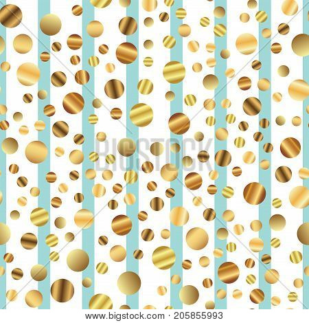 Golden Dots Seamless Pattern On Blue Striped Background. Sightly Gradient Golden Dots Endless Random