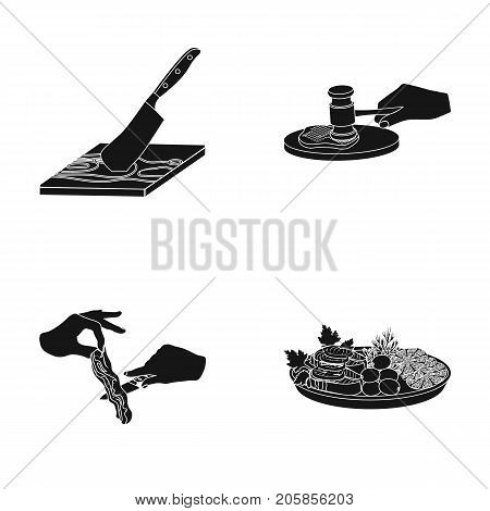 Cutlass on a cutting board, hammer for chops, cooking bacon, eating fish and vegetables. Eating and cooking set collection icons in black style vector symbol stock illustration .