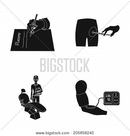 Intramuscular injection, prescription, Dentist, blood pressure measurement. Medicineset collection icons in black style vector symbol stock illustration .
