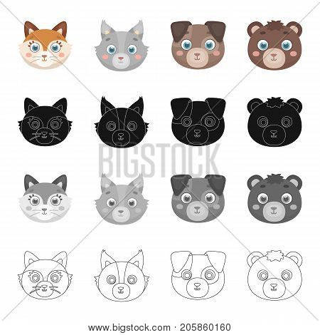 Different kinds of animals, muzzle fox, wolf, dog and bear. Muzzle of an animal set collection icons in cartoon black monochrome outline style vector symbol stock illustration .