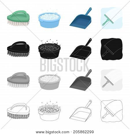 Brush for cleaning, a bowl with detergent, a dustpan, a brush for washing the glass. Cleaning set collection icons in cartoon black monochrome outline style vector symbol stock illustration .