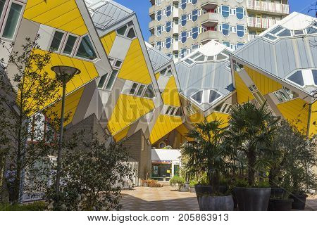 Rotterdam The Netherlands -May 11 2017: Modern Buildings City Architecture Design Elements Known as Cubic Houses Designed by Piet Blom in Rotterdam City Center in May 11 2017 in Rotterdam The Netherlands. Horizontal Image