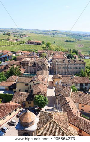 Barbaresco town aerial view. Vineyards from Langhe regionItaly agriculture. Unesco world heritage site