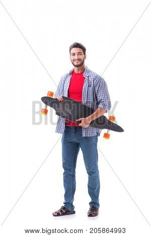 Young skateboarder with a longboard skateboard isolated on white