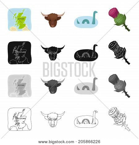 The territory of Scotland on the map, the head of the buffalo, the Loch Ness monster, the thistle flower. Country Scotland set collection icons in cartoon black monochrome outline style vector symbol stock illustration .