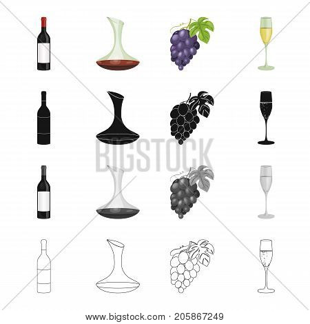 A bottle of wine, a vessel with alcohol, a branch of grapes, a glass of wine. Winemaking set collection icons in cartoon black monochrome outline style vector symbol stock illustration .