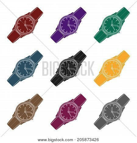 Classic wrist watch icon in black design isolated on white background. Hipster style symbol stock vector illustration.