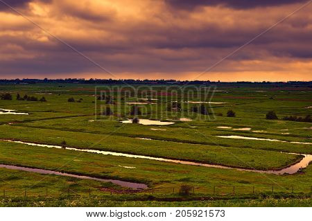 Agriculture on Land Reclaimed from the See in Netherlands at sunset. Tidal marsh and meadows formed by dams in Holland