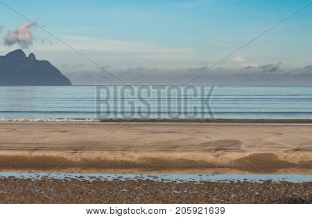 Beach In The South China Sea, And Santubong Seen From Bako National Park In Borneo