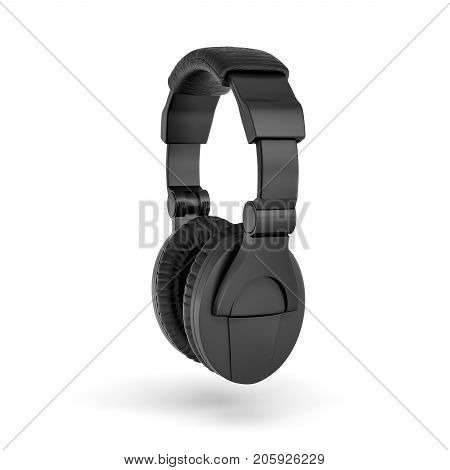 3d rendering of black padded headphones with a headband hanging on white background. Listen to music. DJ equipment. Melomania.