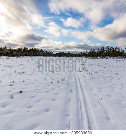 Cross-Country Skiing Track in Berefjell in Iveland, Norway. Snow, blue sky with clouds