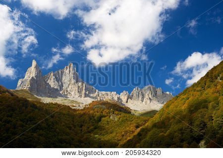 Peaks in Lescun Cirque. On the left Petite Aiguille Ansabere and to the right Grand Aiguille Ansabere. Aspe Valley, Pyrenees, France.