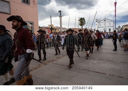 PALMANOVA ITALY - SEPTEMBER 03: Historical Groups dressed in ancient clothes during the historical Reenactment a.d. 1615 on September 03 2017