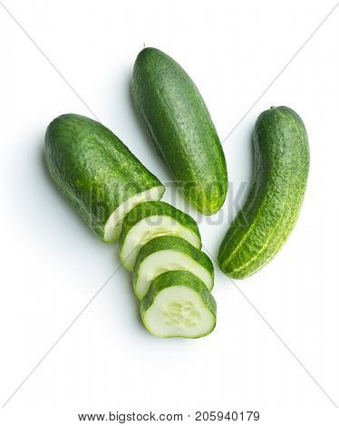 Fresh sliced cucumber isolated on white background. Top view of sliced cucumber.
