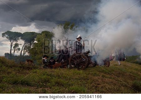 PALMANOVA ITALY - SEPTEMBER 03: Cannon open fire during the historical Reenactment a.d. 1615 on September 03 2017
