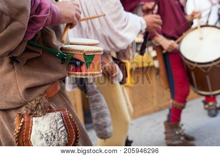 PALMANOVA ITALY - SEPTEMBER 03: Historical bagpiper and drummer dressed in ancient clothes during the historical Reenactment a.d. 1615 on September 03 2017