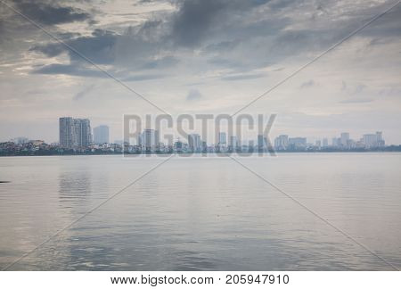 view over Truc Bach lake in the center of the capital of Vietnam Hanoi city