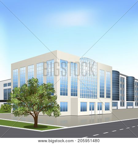 office building with the entrance and a reflection on the background of the street