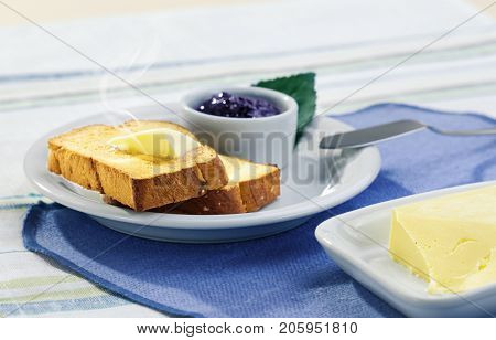 useful healthy breakfast with toast, butter and jam
